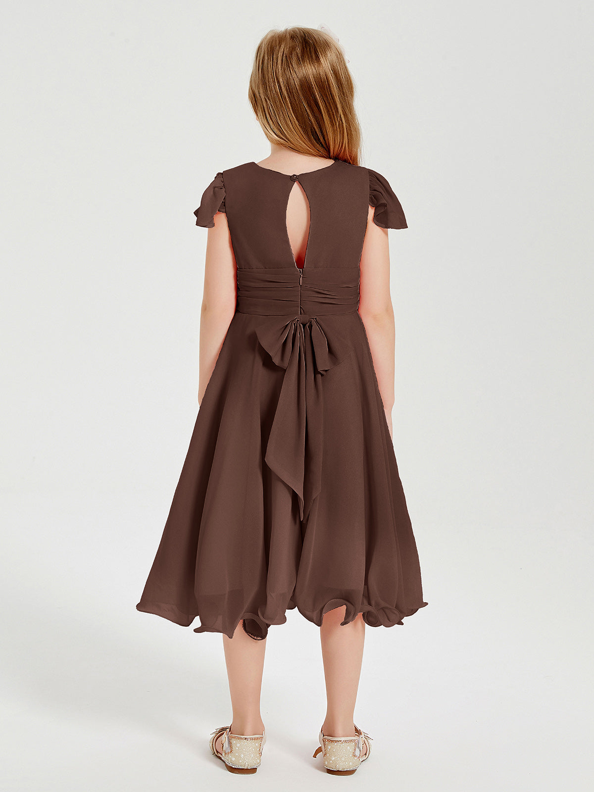 Chiffon Tea Length Junior Bridesmaid Dresses Chocolate